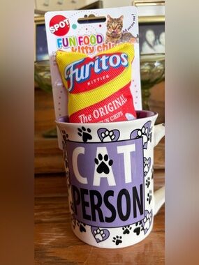 Cat Person Purple Paw Print Mug & Furitoes Cat Toy Bundle